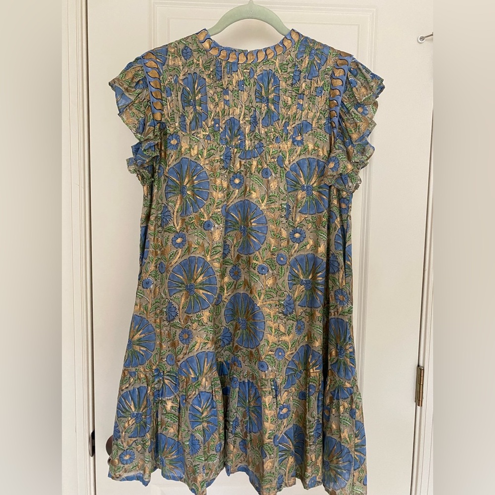 OLIPHANT, Pintuck Ruffle Mini Dress, Blue/Green/Metallic Gold, Size XS